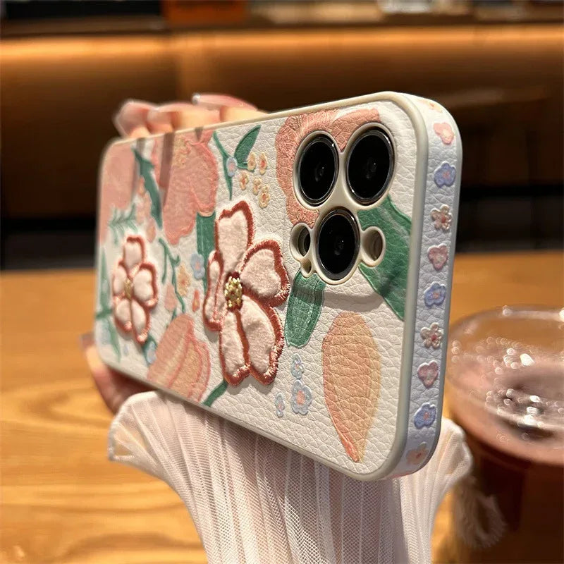 Vintage Embroidered Flower Leather iPhone case - Viexta