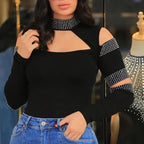 Black Rhinestone Turtleneck Off-the-shoulder Split Top - Viexta