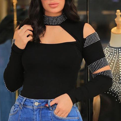 Black Rhinestone Turtleneck Off-the-shoulder Split Top