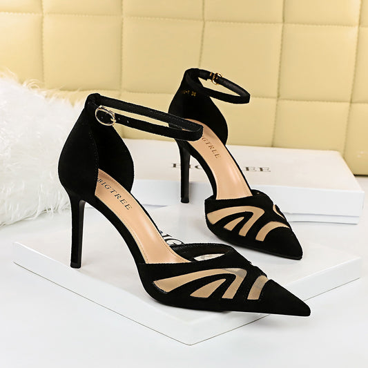 Low-cut Pointed Toe Nightclub Mesh Hollow-out Strap Heels