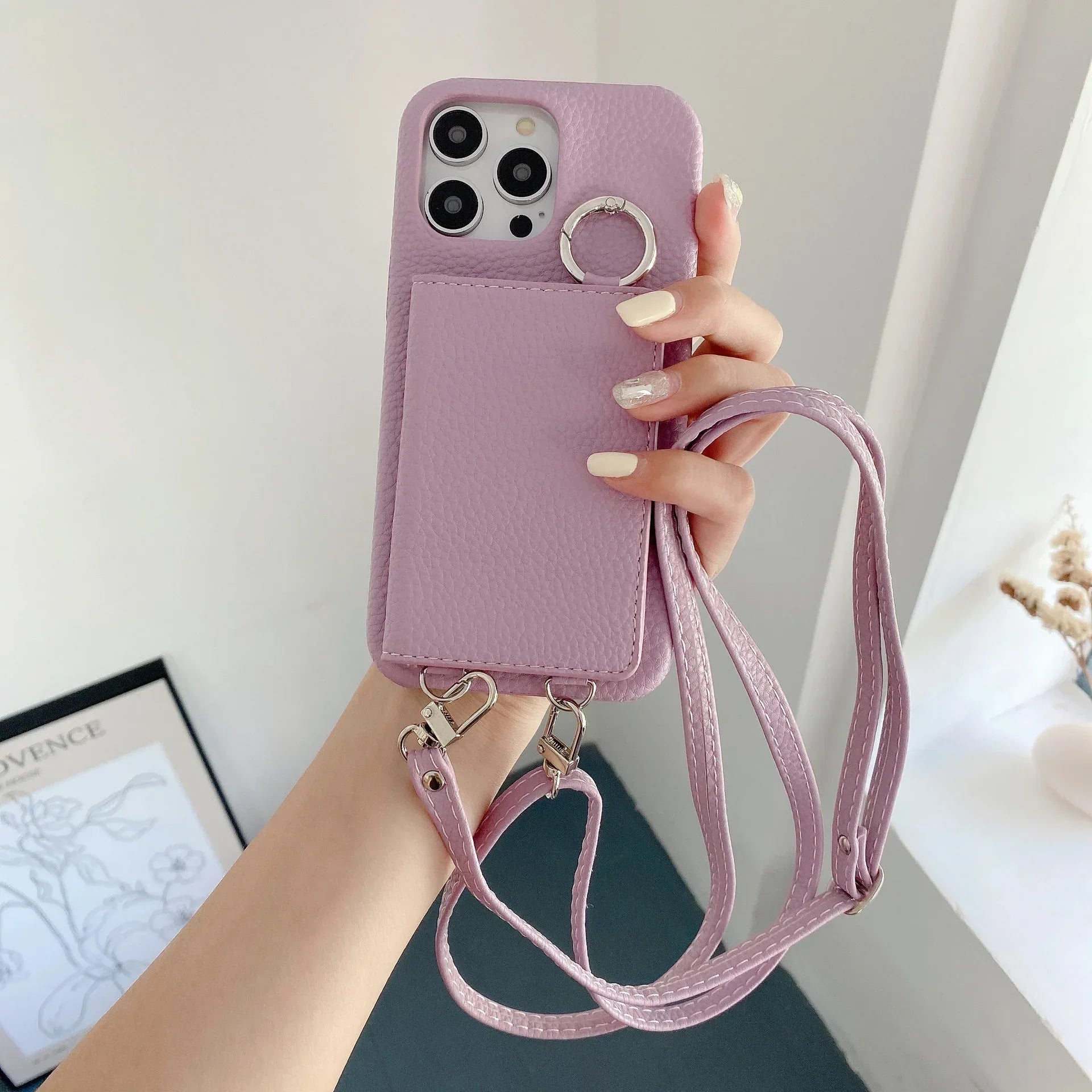 Lychee Pattern Mirror Lanyard iPhone Case - Viexta
