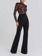 Black See-through Lace Long-sleeved Trousers Jumpsuit - Viexta