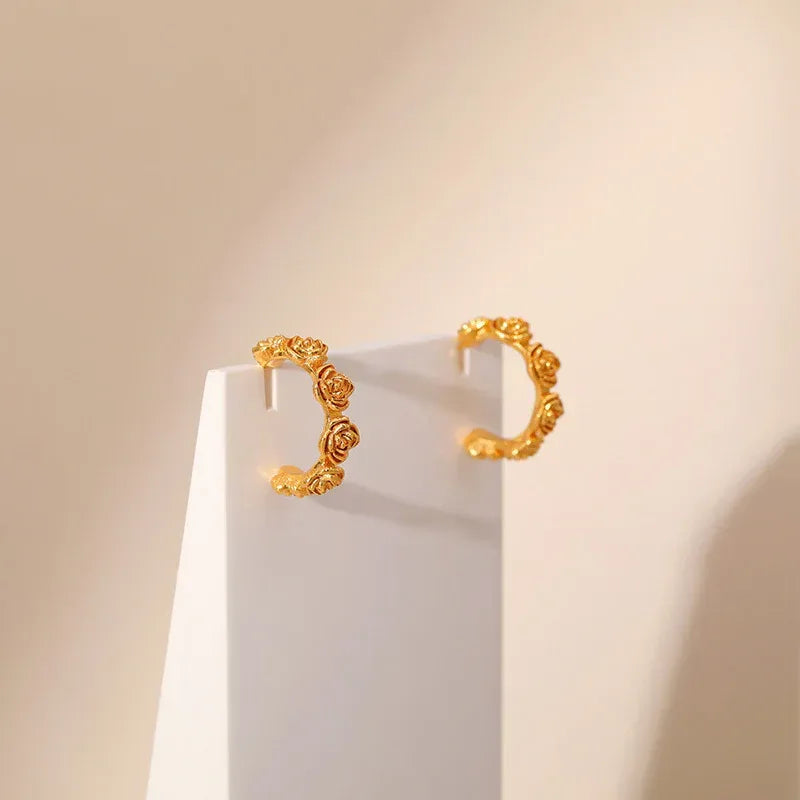Rose Carved Retro Textured Earrings - Viexta