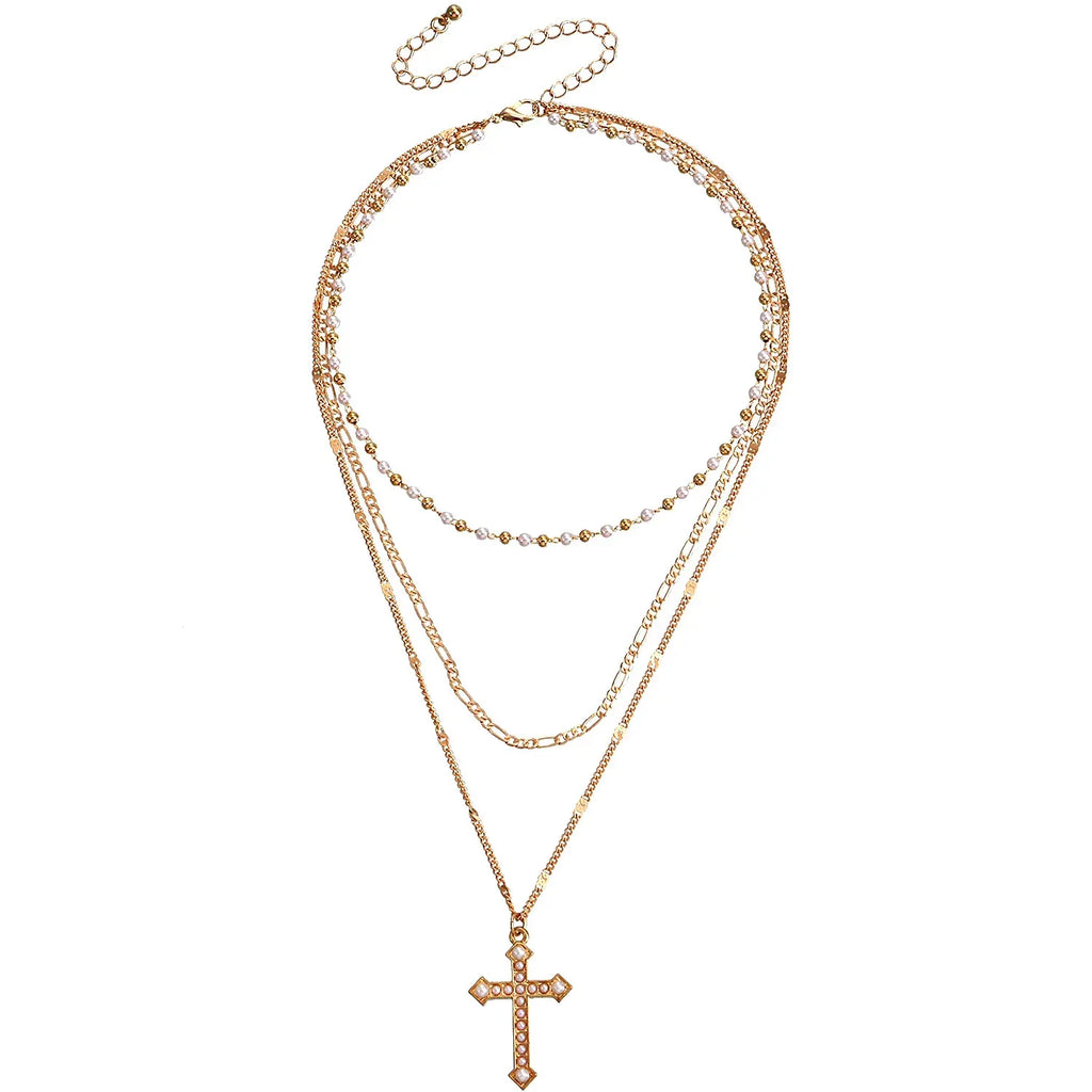 Multilayer Pearl Chain With Cross Pendant - Viexta