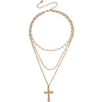 Multilayer Pearl Chain With Cross Pendant - Viexta