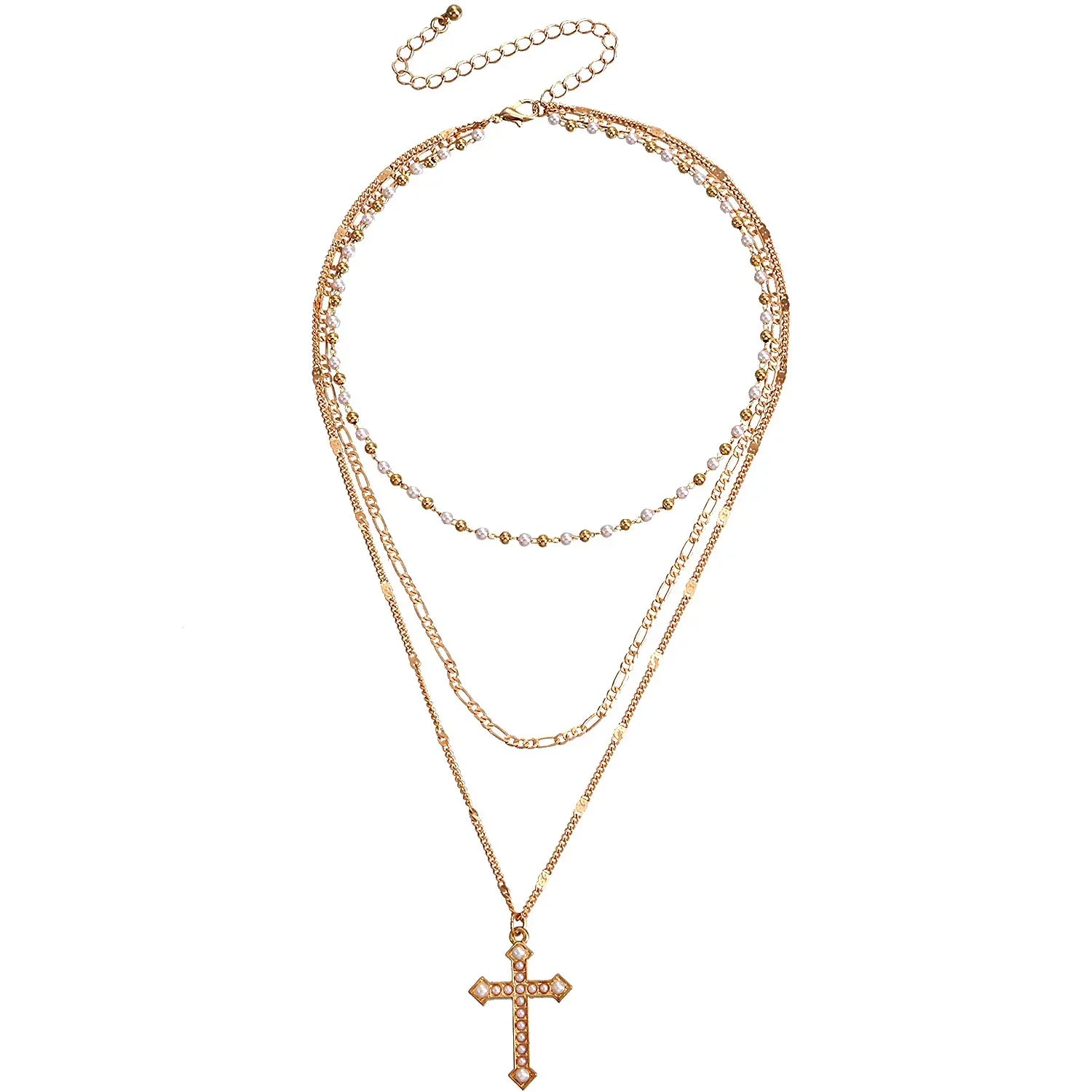 Multilayer Pearl Chain With Cross Pendant - Viexta