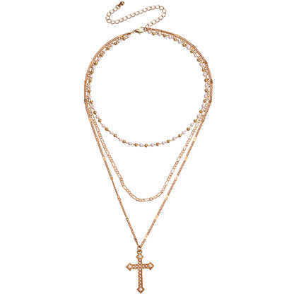 Multilayer Pearl Chain With Cross Pendant