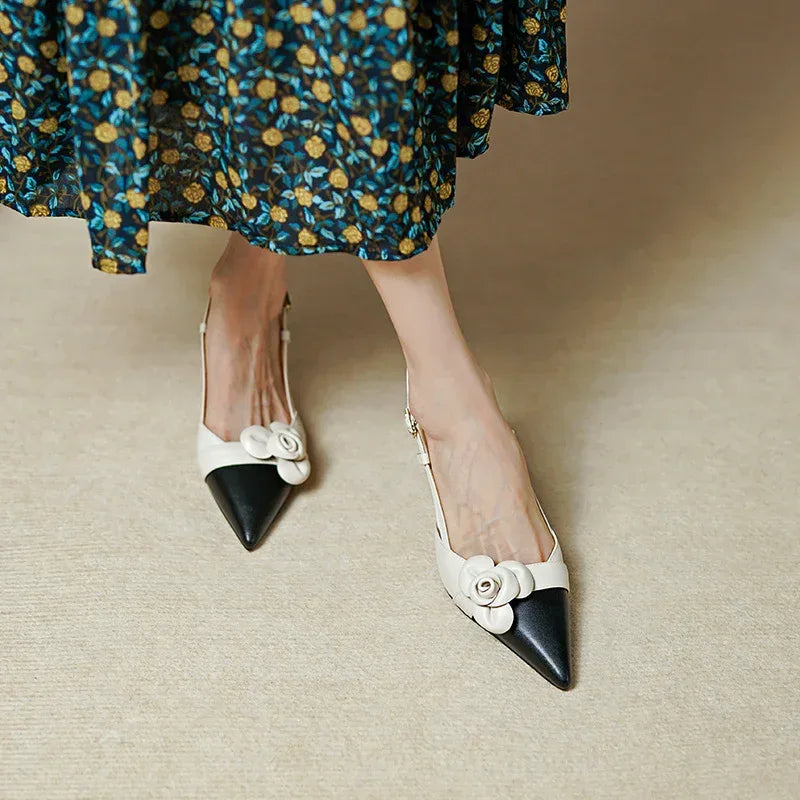 Women's Flower Pointed Toe Mid Heel Sandals - Viexta