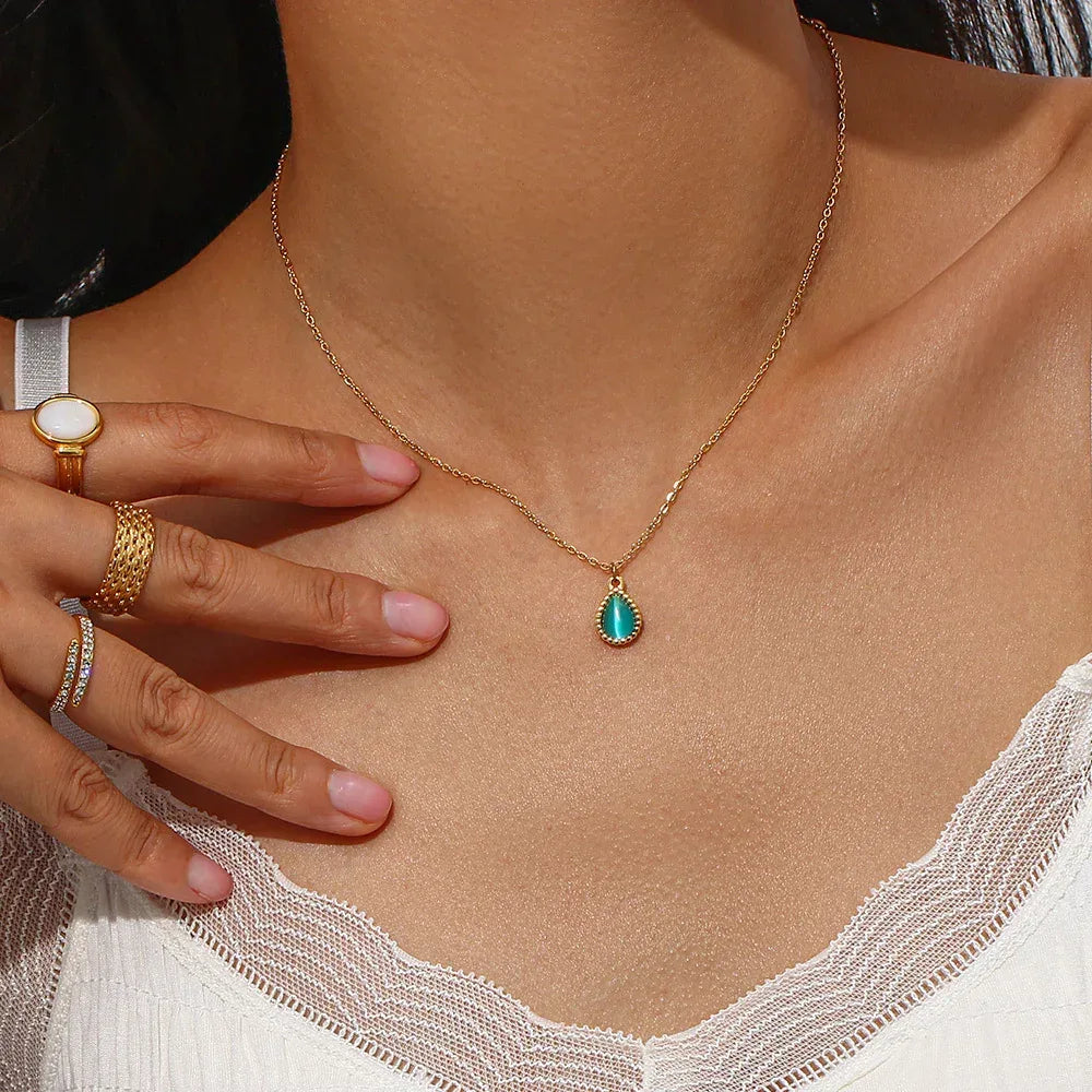 Minimalistic Water Drops Opal Necklace Set - Viexta