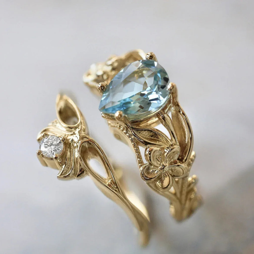 Gold Crown Sea Blue Diamond Ladies Couple Rings - Viexta