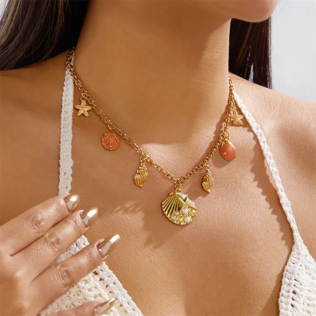 Beach Ocean Shell Double Layered Stacked Necklace - Viexta