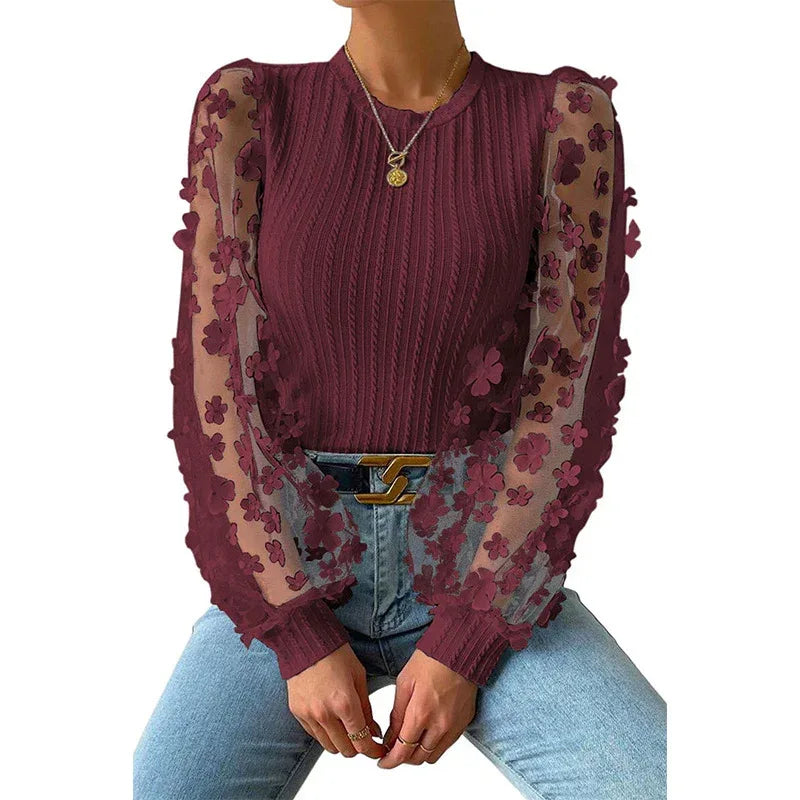Women's Mesh Small Flower Chiffon Top - Viexta