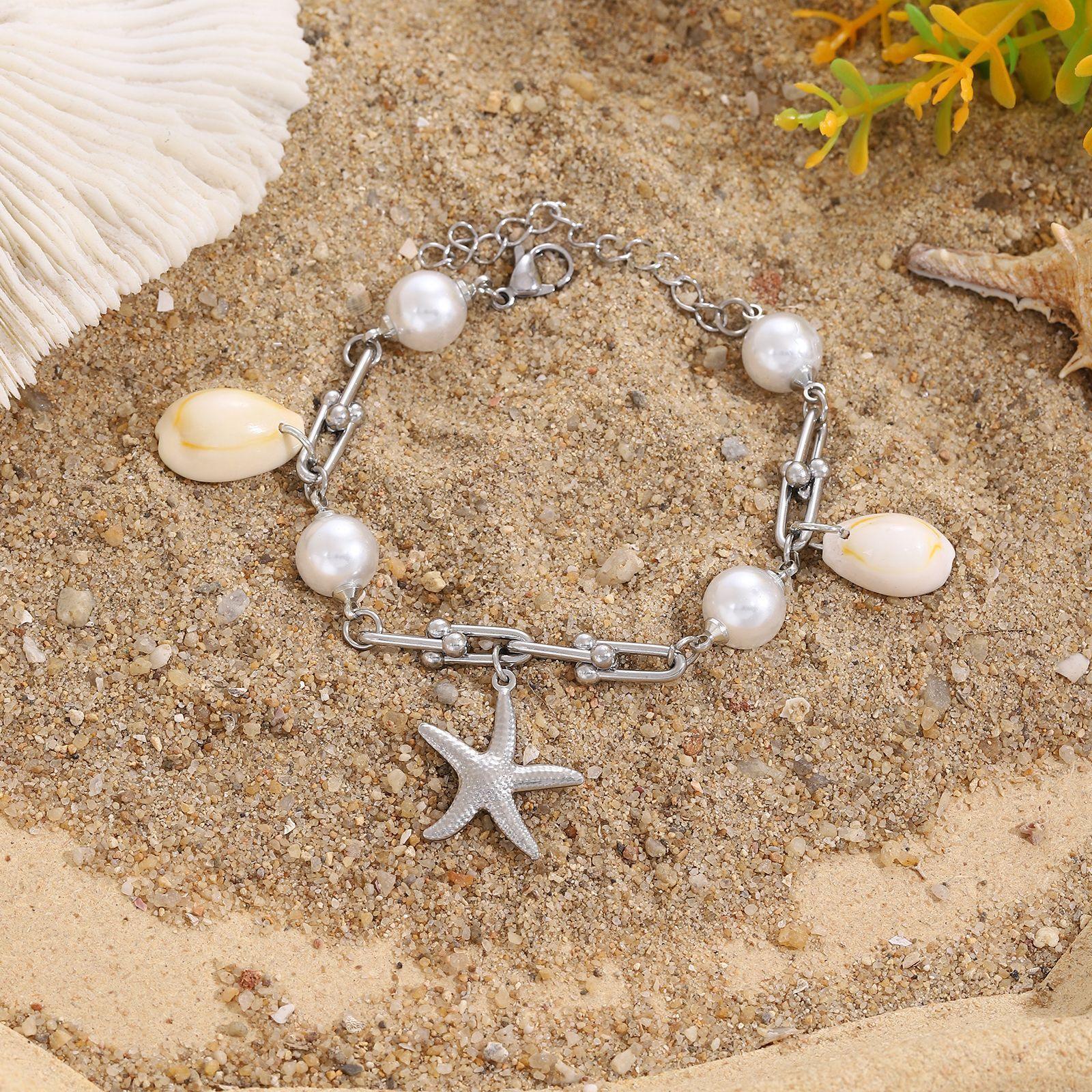 Starfish And Conch Pendant With Pearl Chain For Women - Viexta