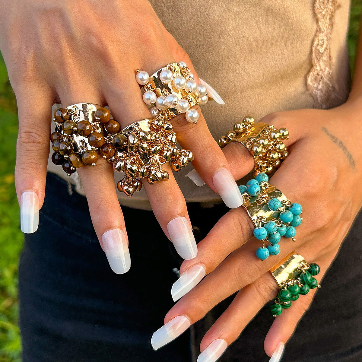 Retro Colorful Pearl Tassel Ring