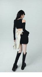 Design Off-Waist Knit Bow Short Dress - Viexta