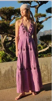 Summer V-neck Sleeveless Waist Embroidered Dress - Viexta