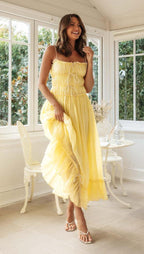 Spaghetti Strap Long Dresses With Bow Pleat - Viexta