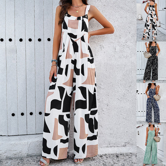 Print Square Neck Jumpsuit With Pockets