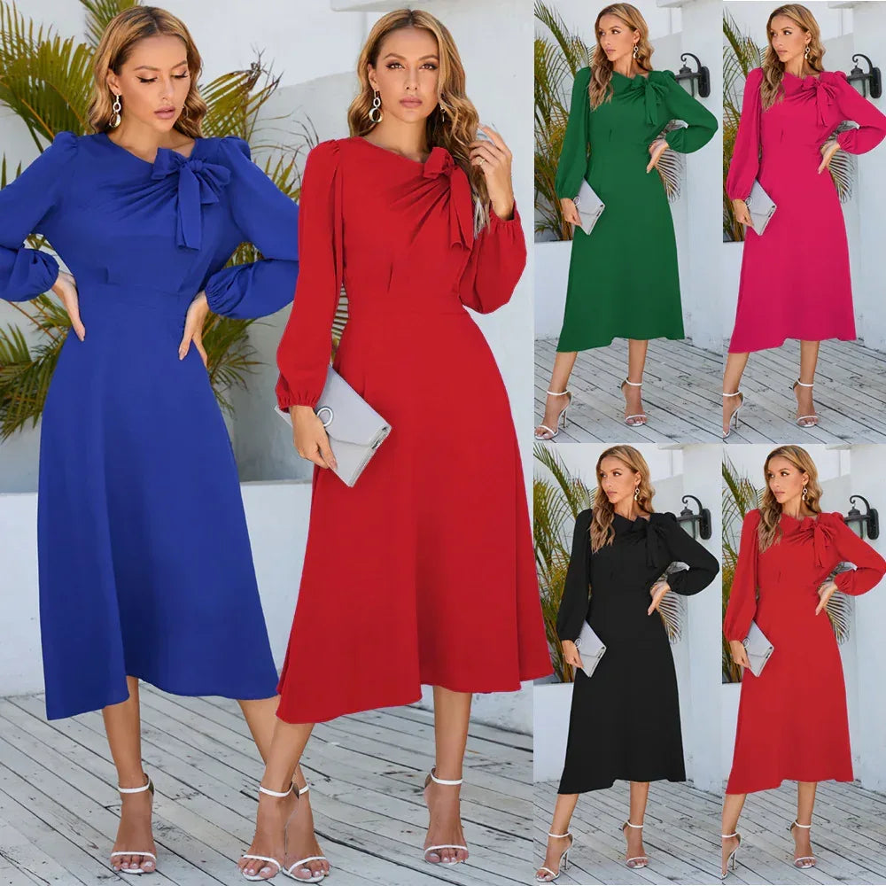 Long Sleeve Bowknot Dress - Viexta