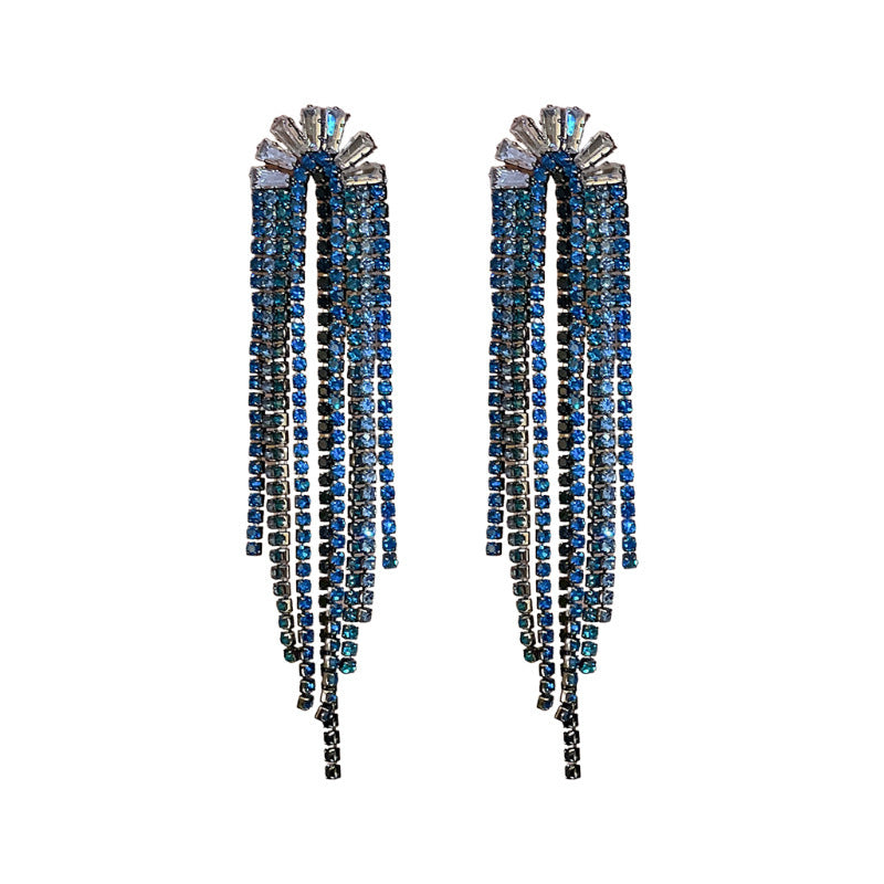 925 Silver U-shaped Zircon Rhinestone Tassel Earrings