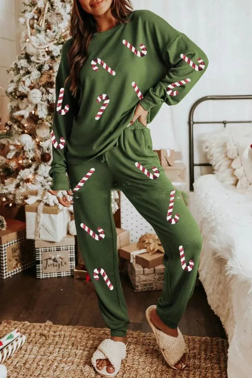Women's Christmas Sequins Long Sleeve Pants Two-piece Set - Viexta
