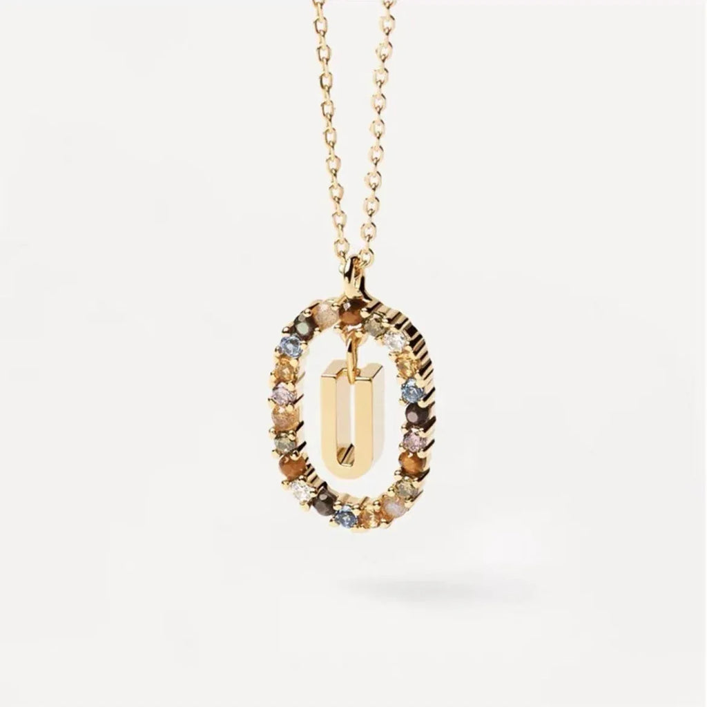 Colored Rhinestone Alphabet Necklace - Viexta