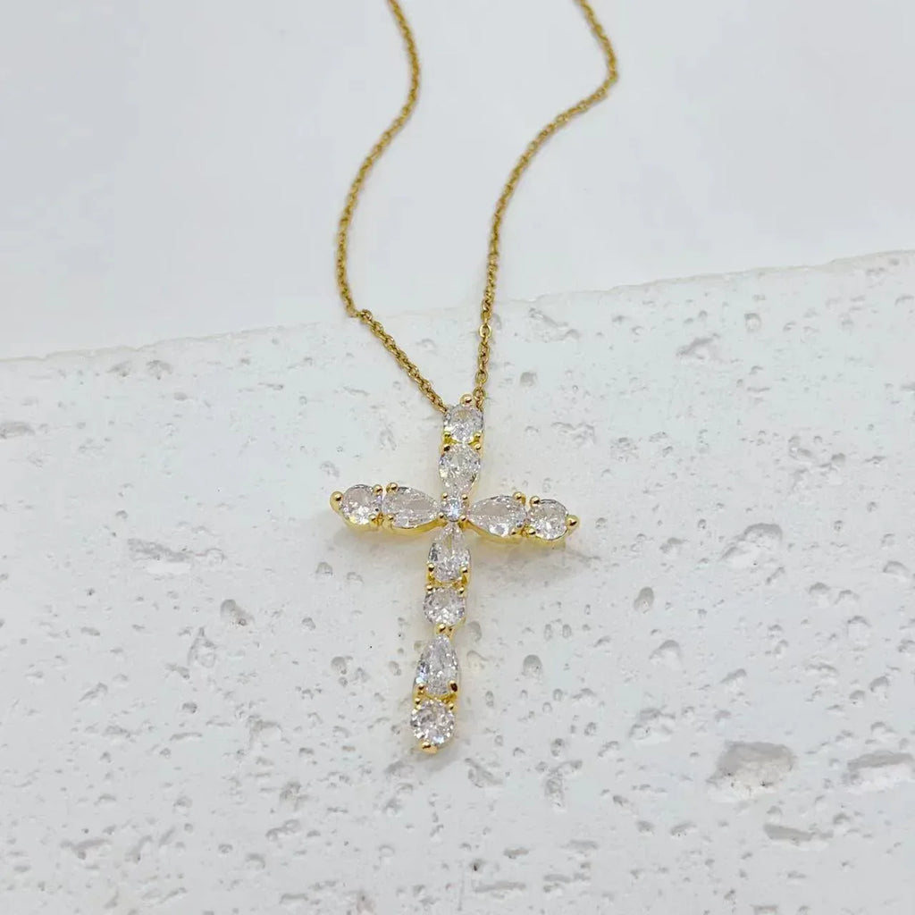 micro-inlay-colorful-zircon-water-drops-cross-necklace - Viexta