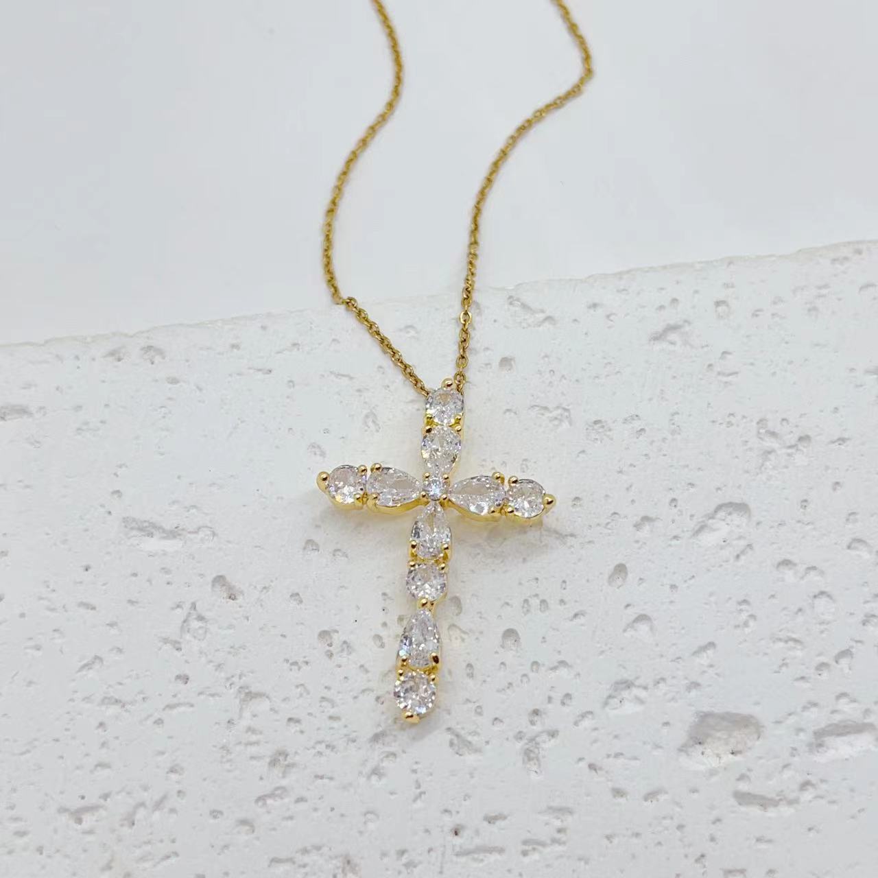 Micro Inlay Colorful Zircon Water Drops Cross Necklace