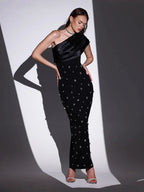 Off-shoulder Diamond Black Evening Dress - Viexta