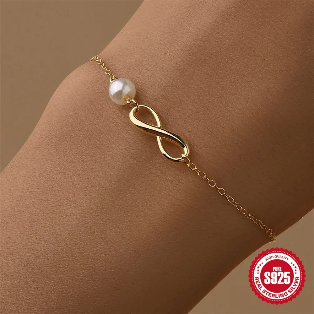 Women's Sterling Silver Glossy Eight-character Chain Pearl Bracelet - Viexta