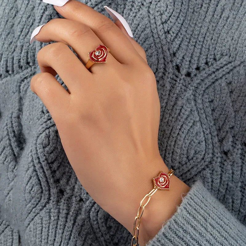 Rose Flower Dripping Oil Bracelet Ring Suit - Viexta