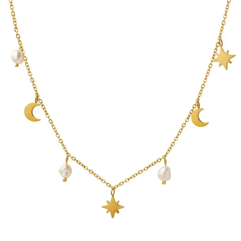 Star Moon Pearl Tassel Necklace - Viexta