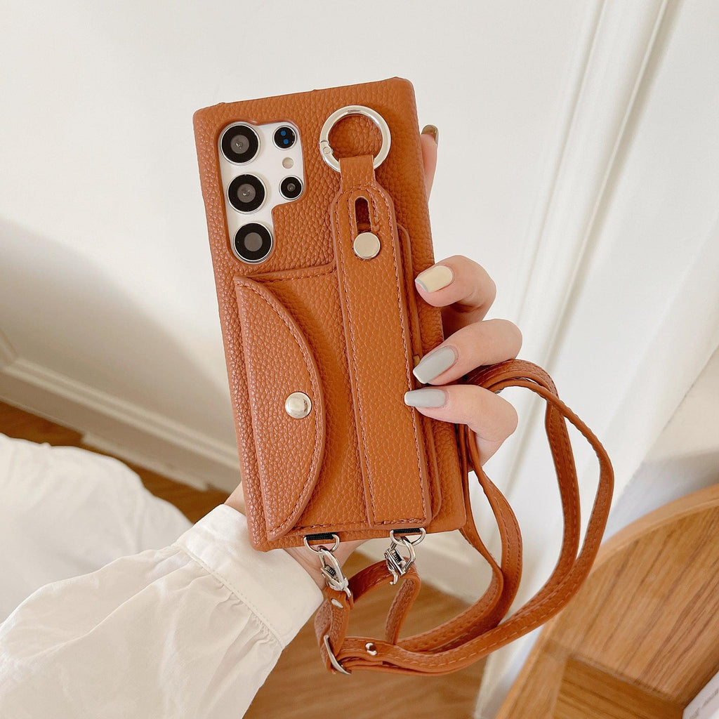 samsung-litchi-pattern-card-holder-wrist-strap-phone-case - Viexta