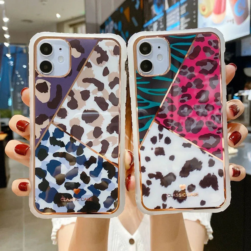 Electroplating love leopard print protective phone case - Viexta