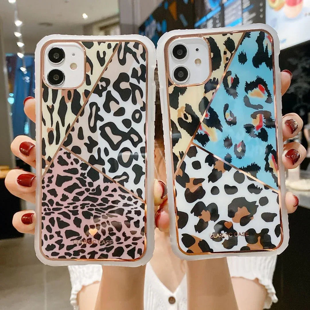 Electroplating love leopard print protective phone case - Viexta