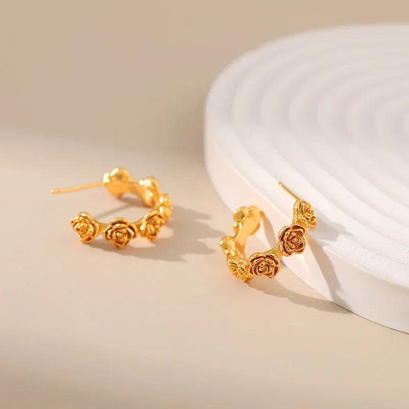 Rose Carved Retro Textured Earrings - Viexta
