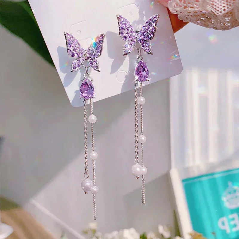 Women's Crystal White Butterfly Stud Earrings - Viexta