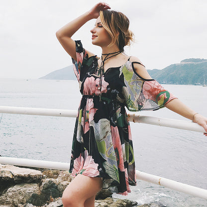 V-neck Printed Off Shoulder Dress