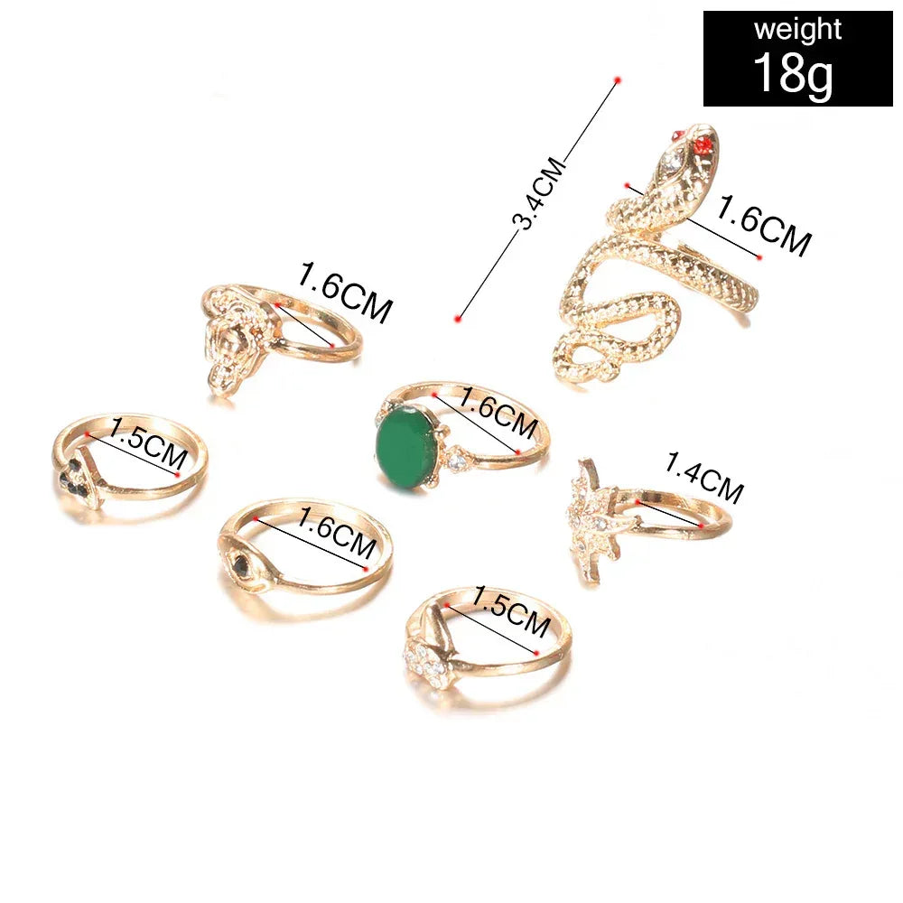 7 piece Emerald Snake-Shaped Joint Ring Set - Viexta