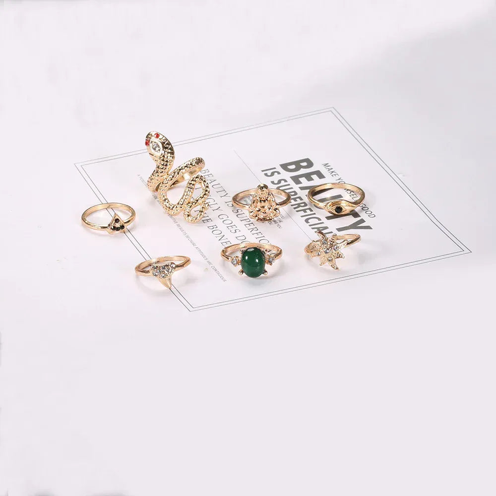 7 piece Emerald Snake-Shaped Joint Ring Set - Viexta