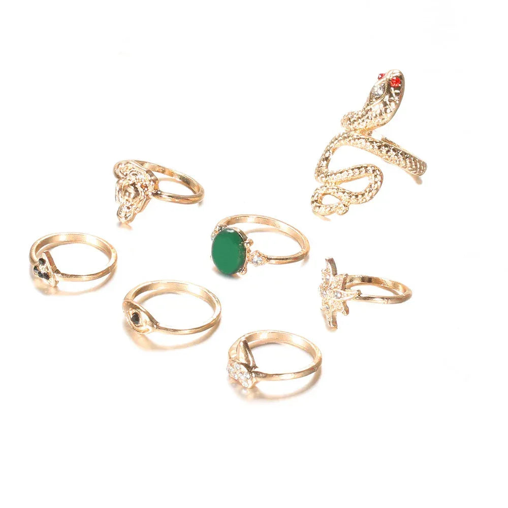 7 piece Emerald Snake-Shaped Joint Ring Set - Viexta