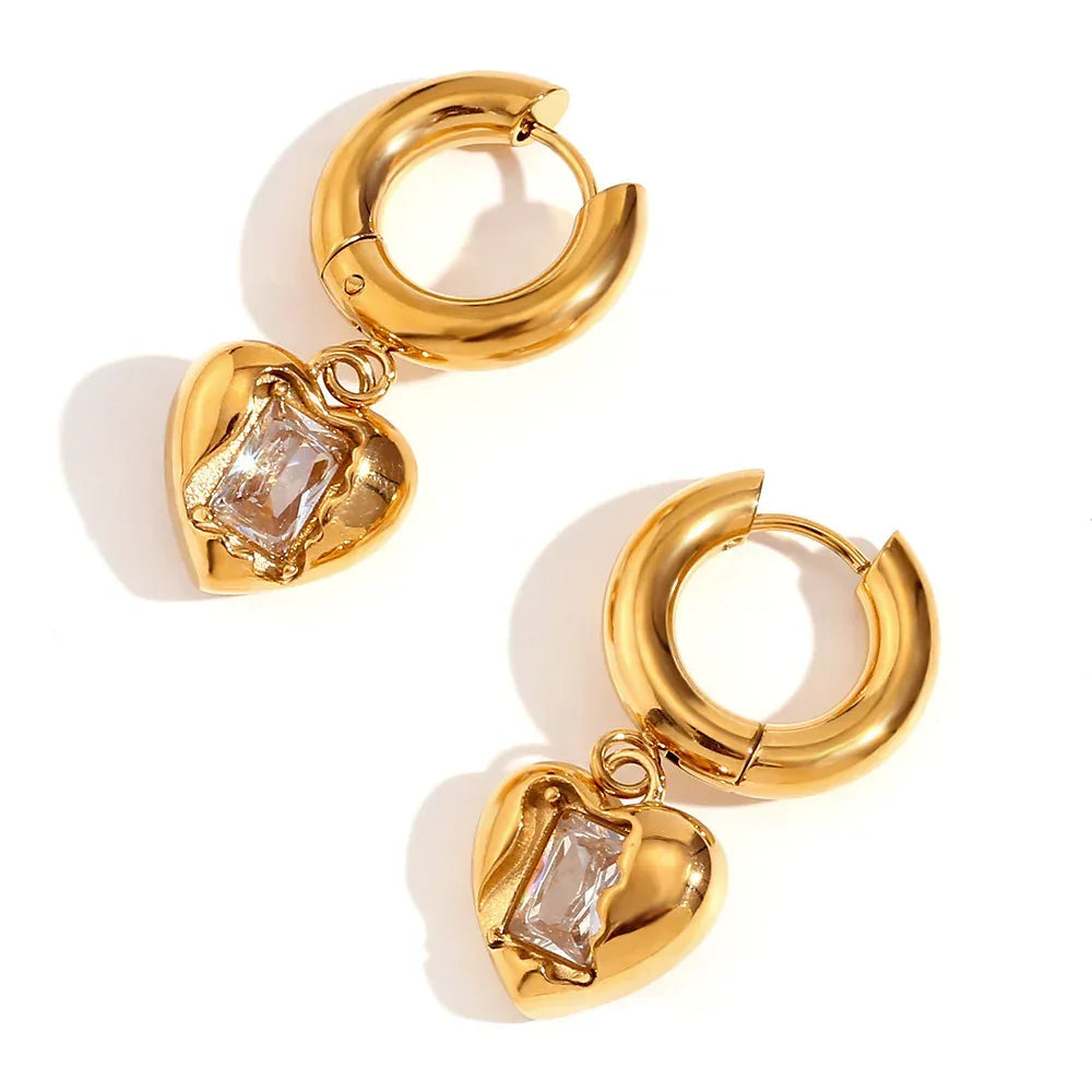Stainless Steel Peach Heart Zircon Earrings - Viexta