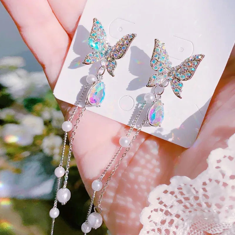 Women's Crystal White Butterfly Stud Earrings - Viexta