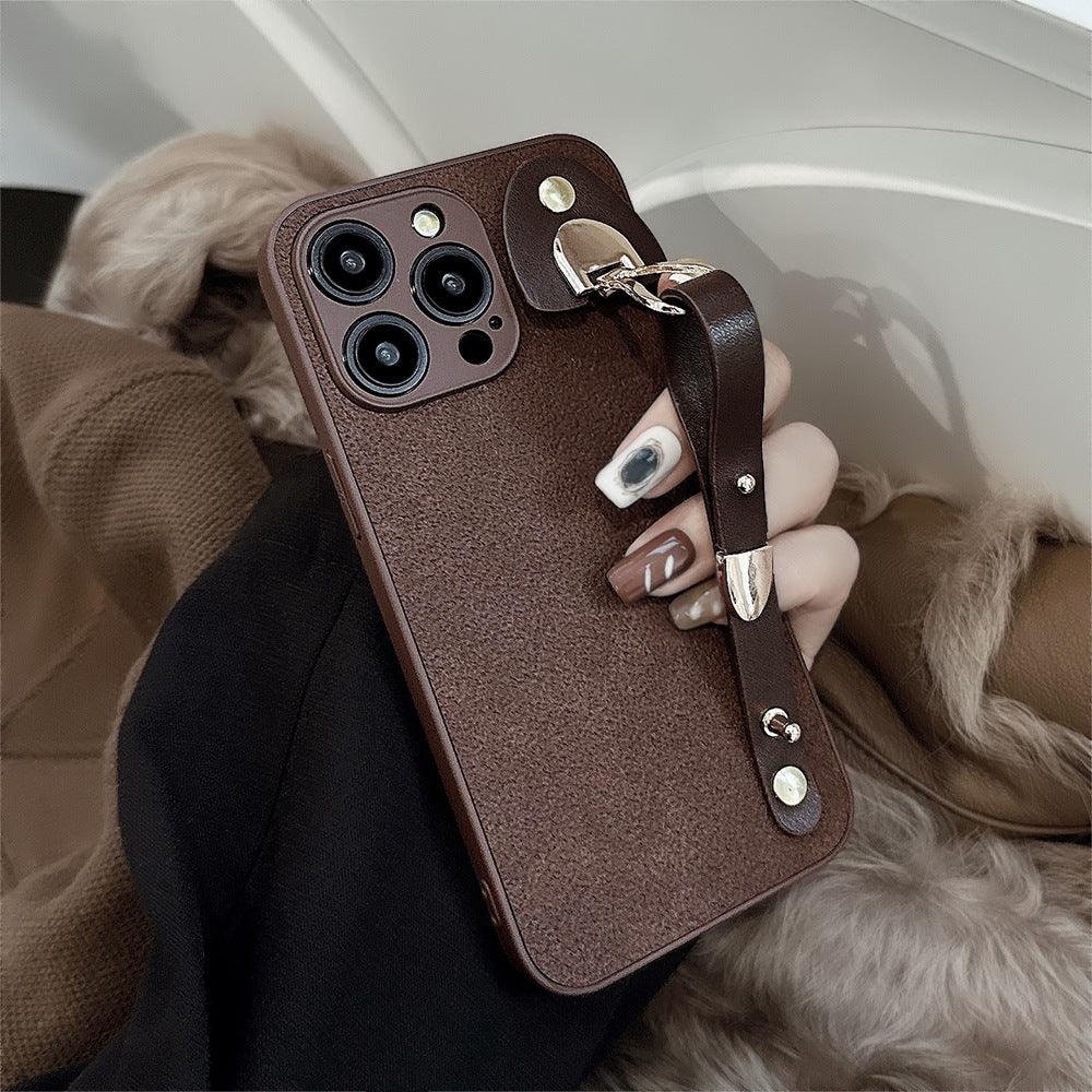 Vintage Leather Wrist Strap Premium Moon Crater iPhone Case