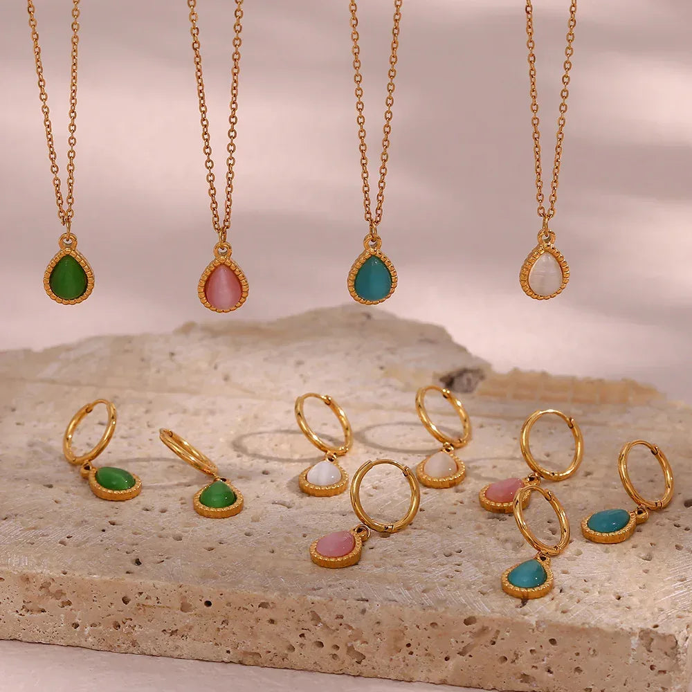 Minimalistic Water Drops Opal Necklace Set - Viexta