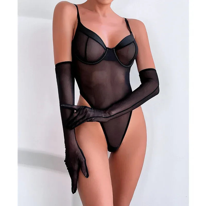 jumpsuit-lace-transparent-mesh-assembly-gloves-sexy-lingerie - Viexta