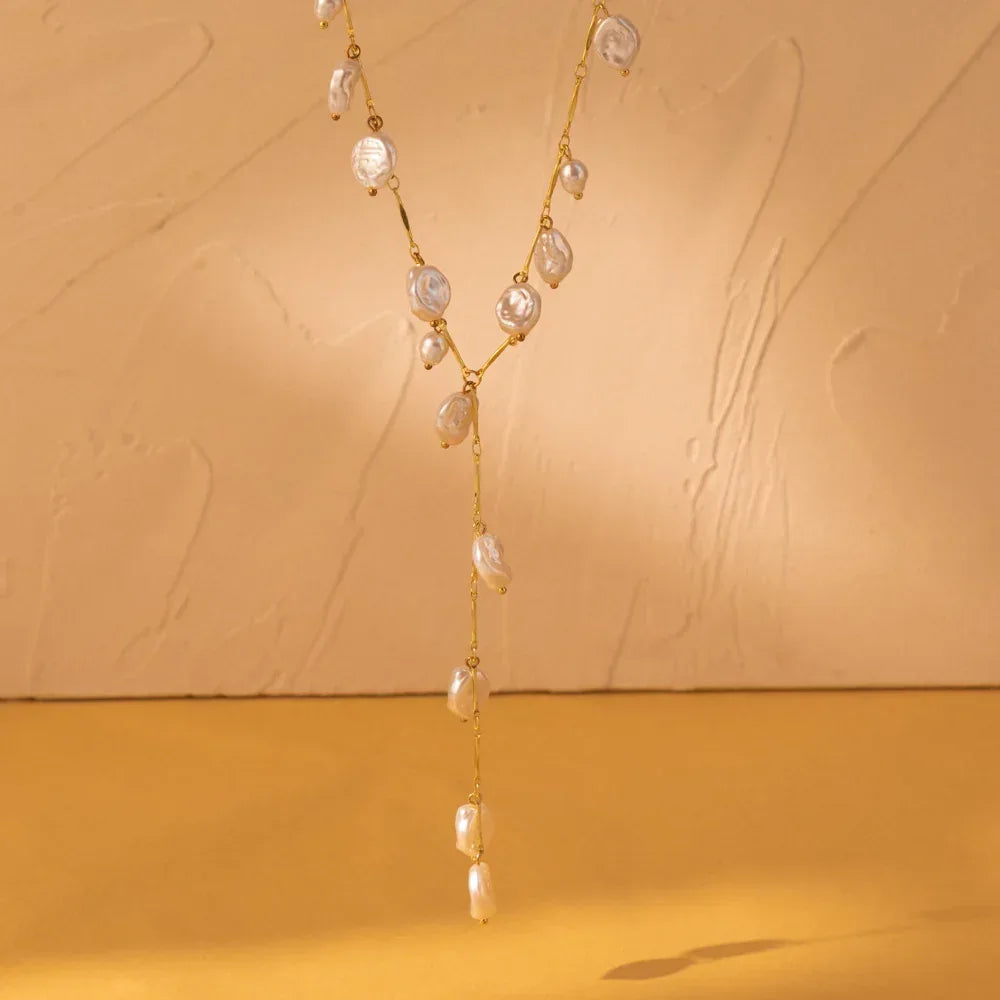 Brass Stitching Pearl Pendant Necklace - Viexta