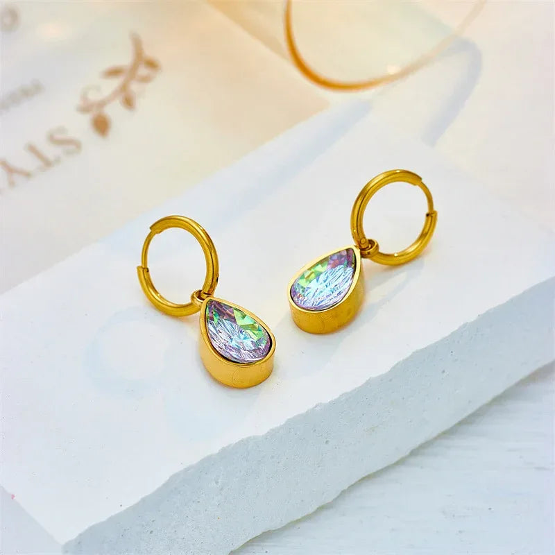 drop-shaped-square-color-zircon-pendant-gold-eardrop-earring - Viexta