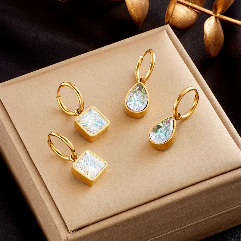 drop-shaped-square-color-zircon-pendant-gold-eardrop-earring - Viexta