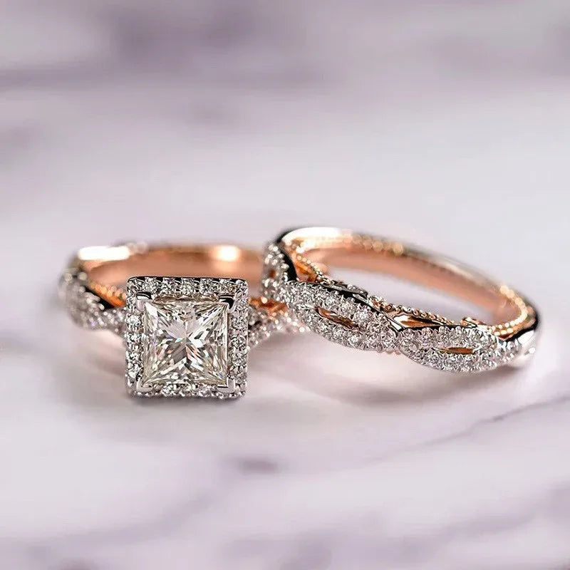 Rose Gold Three-Piece Diamond-Encrusted Zircon Ring Set - Viexta